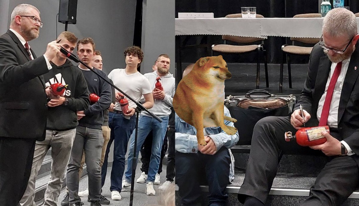 Poseł Braun stał się gaśnicowym influencerem, podróżuje po Polsce i podpisuje gaśnice dzieciom i dorosłym