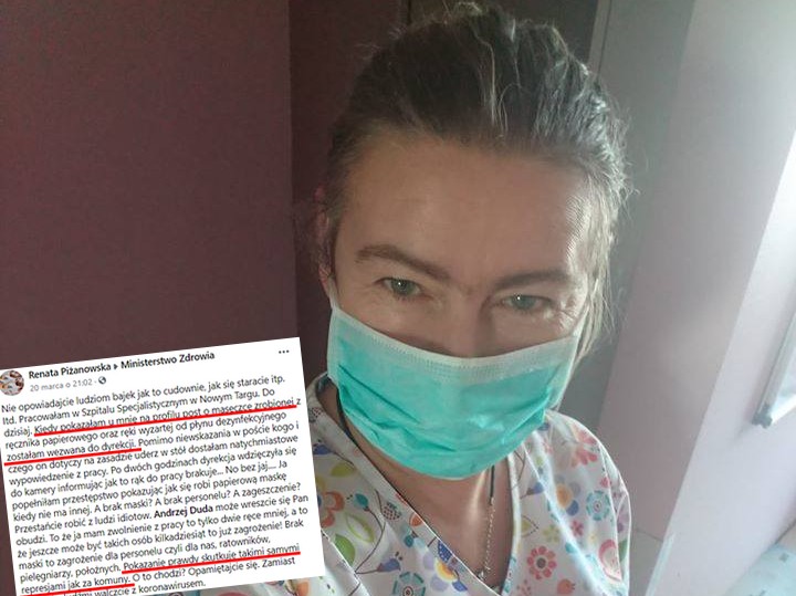 Nowy Targ: położna zwolniona ze szpitala za wpis o braku maseczek