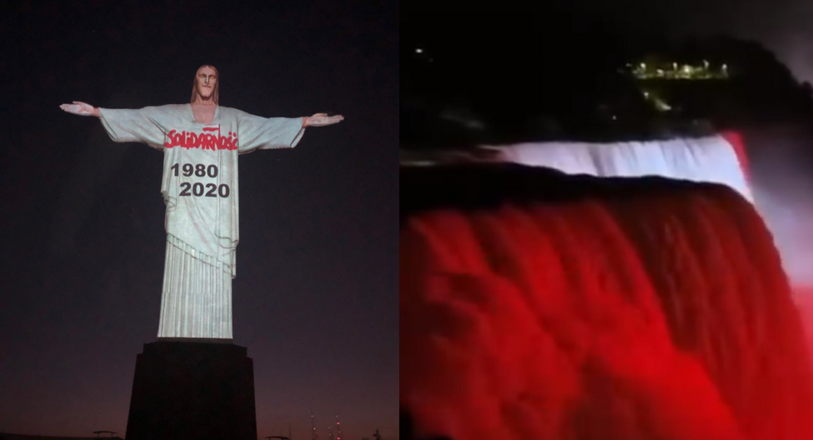 Statua Chrystusa Zbawiciela z logiem Solidarności, Niagara podświetlona na biało-czerwono
