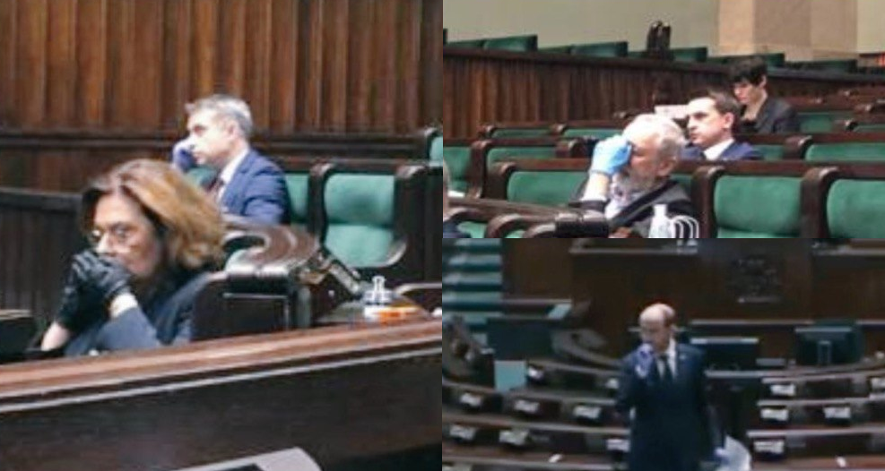 Kidawa i inni posłowie dotykają się po twarzach w rękawiczkach