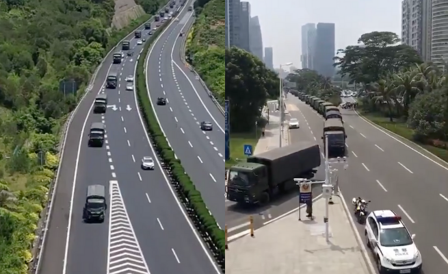 Chiny: kolumny wojskowych samochodów przy granicy z Hong Kongiem 