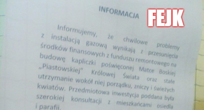 Rzeszów: "nie ma gazu, bo pieniądze poszły na kapliczkę" to fejk
