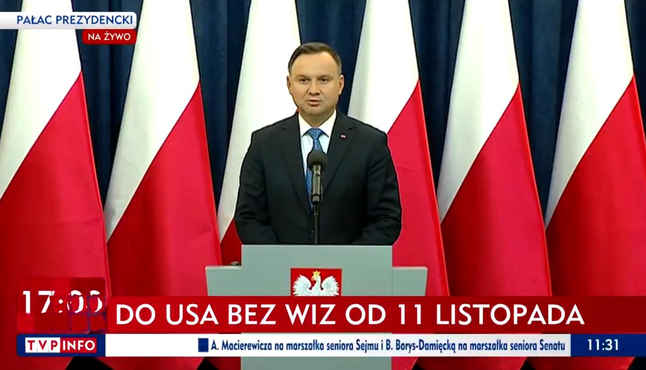 Prezydent Duda: od 11 listopada można lecieć do USA bez wizy