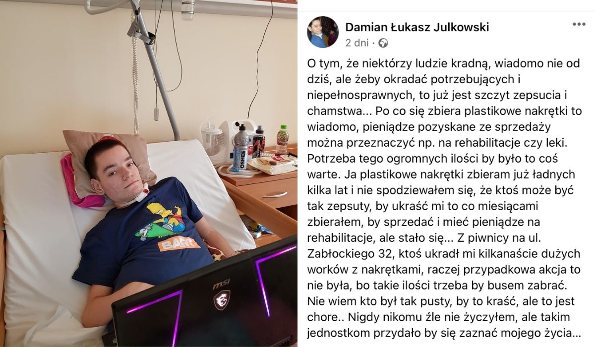 Gniezno: ktoś okradł niepełnosprawnego chłopaka z nakrętek, które zbierał od kilku lat na rehabilitację