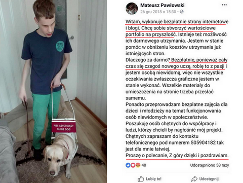 Niewidomy 22-latek tworzy strony internetowe, by pomagać innym