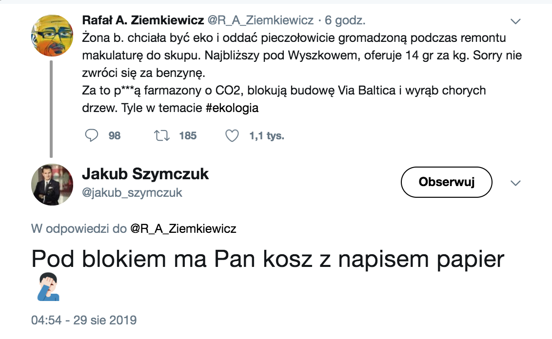 Rafał Ziemkiewicz w potrzasku, nie wiedział gdzie wyrzucić papierowe śmieci