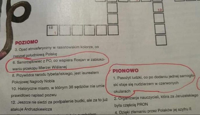Krzyżówka Gazety Polskiej: "Pasożyt ludzki, co po dodaniu samogłoski staje się nudziarzem w czerwonych okularach”