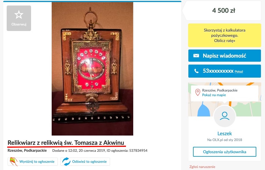 Handel relikwiami kwitnie na OLX, czyli ludzkie szczątki wymieniane w celach liturgicznych