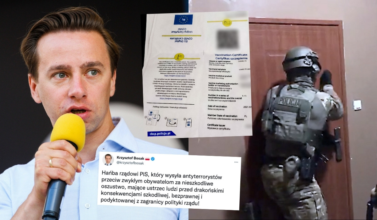 CBŚP namierzyło fałszerzy certyfikatami szczepień, Bosak alarmuje, że to przecież nieszkodliwe oszustwo: "hańba rządowi PiS"