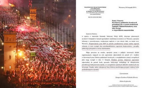 List do szpitali: przewidywany zwiększony napływ ludzi 11 listopada