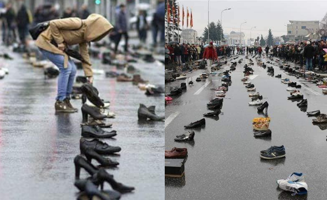 Niemy protest w Skopje. Buty symbolizują tych, którzy musieli szukać godnego życia poza ojczyzną