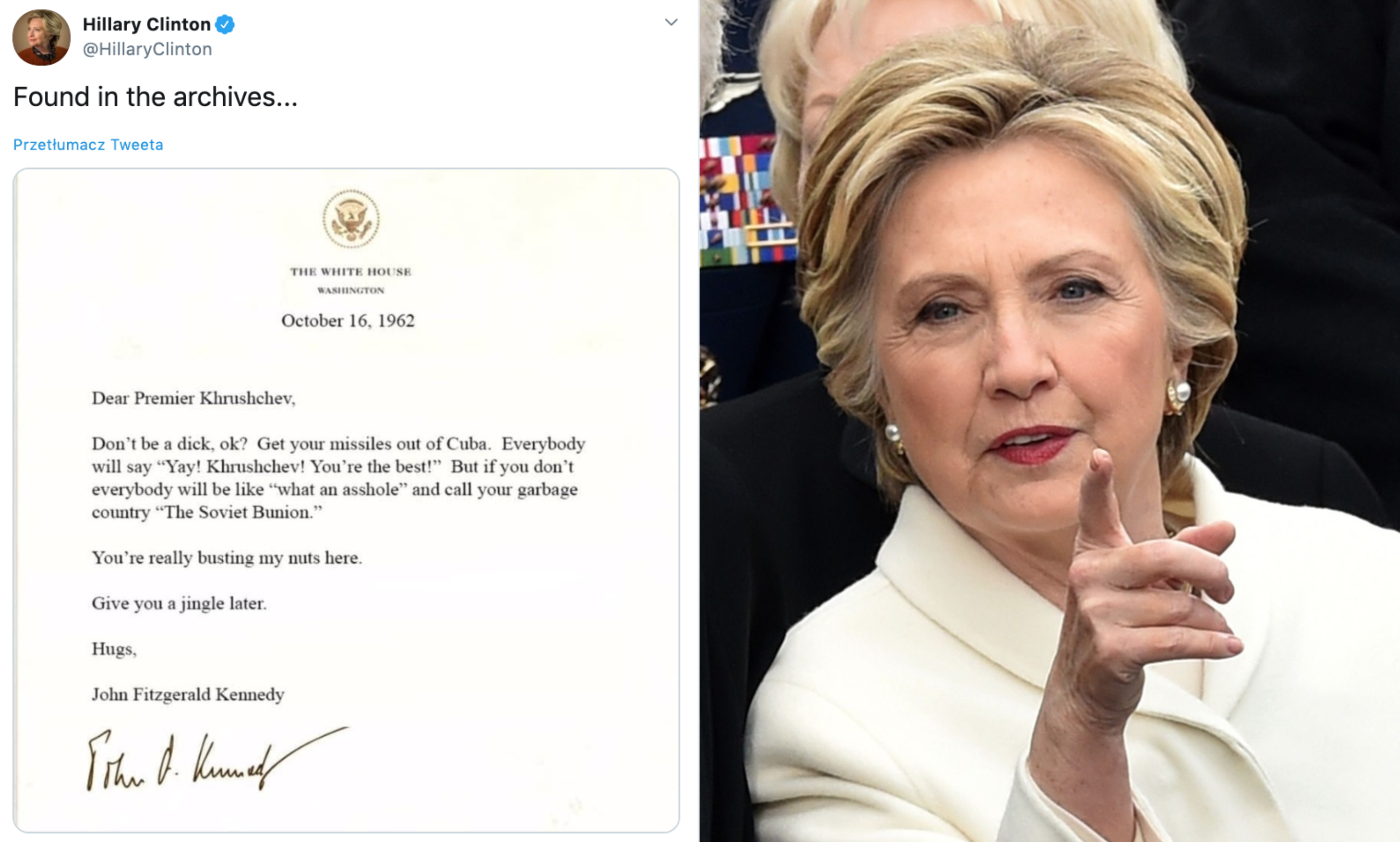 Hillary Clinton publikuje na Twitterze parodię listu Trumpa do Erdogana