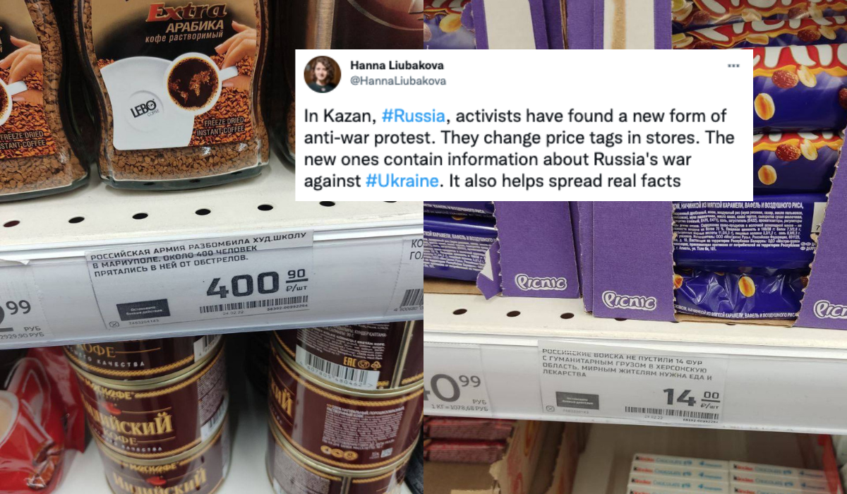 Rosja: aktywiści podmienili etykiety z cenami w lokalnych sklepach, hasła informują o wojnie w Ukrainie