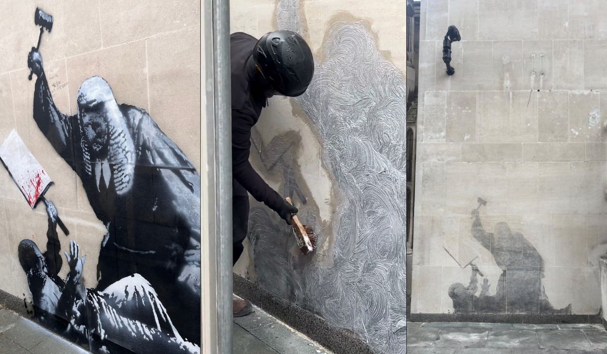 UK: mural Banksy'ego o tłumieniu prawa do protestu został zasłonięty a następnie zamalowany przez władze 