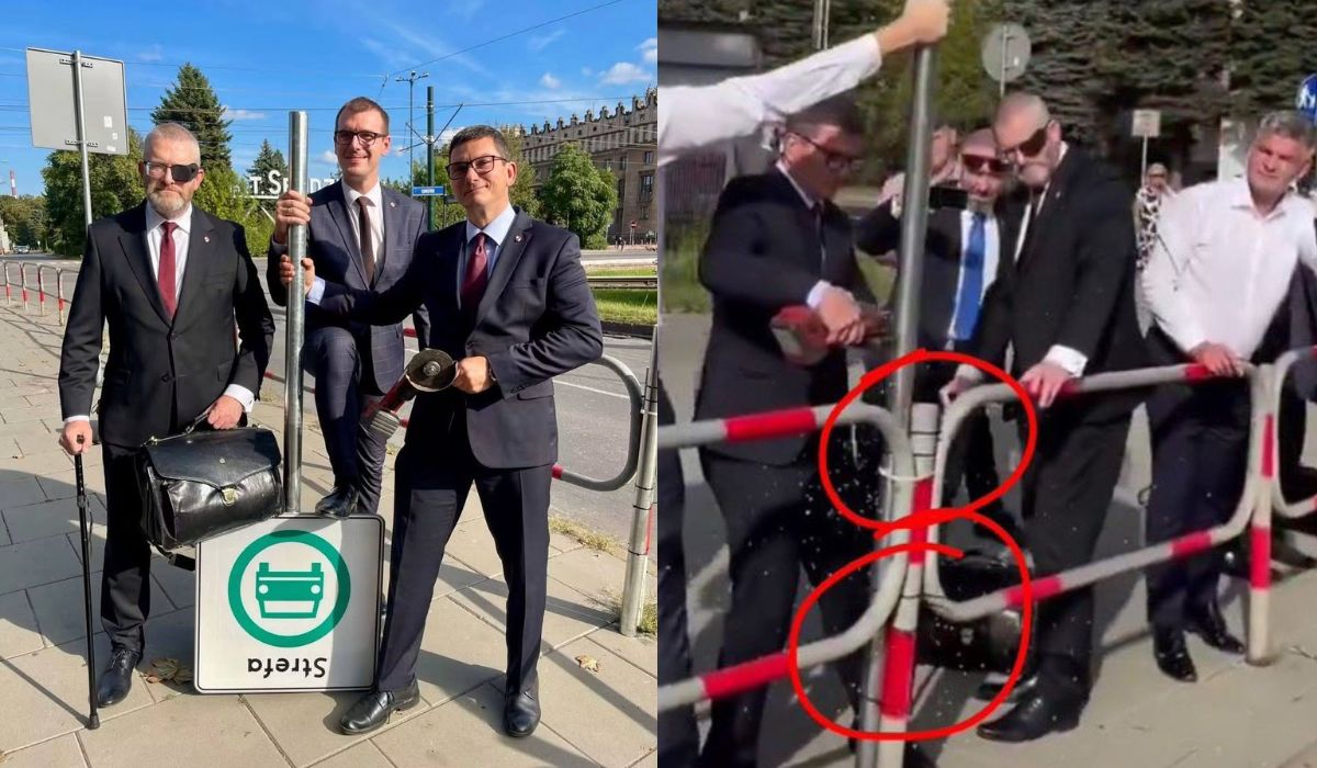 Kandydat partii Brauna w Krakowie pokonał Strefę Czystego Transportu odcinając (chyba) znak drogowy