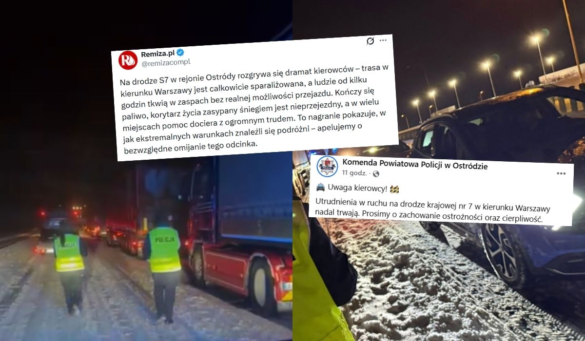 Tysiące osób utknęło na S7 z powodu opadów śniegu, wiceminister ocenił, że problem stworzyli kierowcy ciężarówek