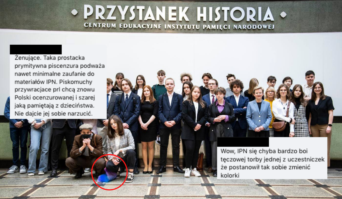 IPN bohatersko przerobił tęczową torbę uczestniczki debaty na niebiesko, czym uchronił odbiorców od demoralizacji