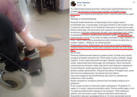 Sosnowiec: 39-latek przez 9 godzin umierał na izbie przyjęć, lekarze pytali, czy boli