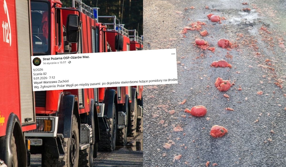 Strażacy przyjechali sprawdzić "rozżarzone węgle" na środku jezdni, które okazały się rozrzuconymi pomidorami