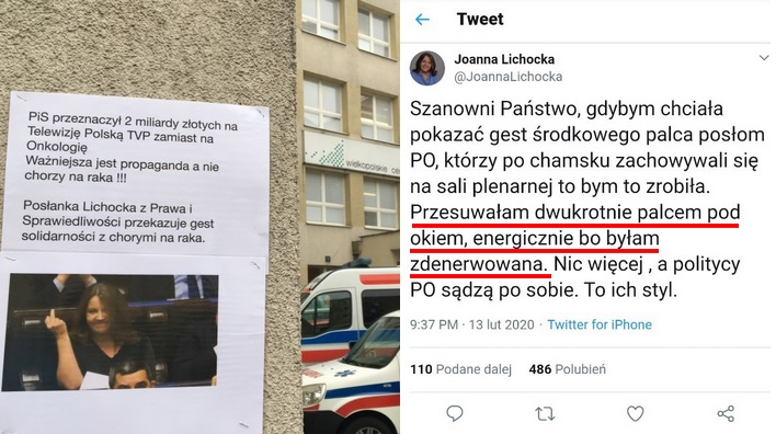 Ktoś wiesza zdjęcia Lichockiej na oddziałach onkologii