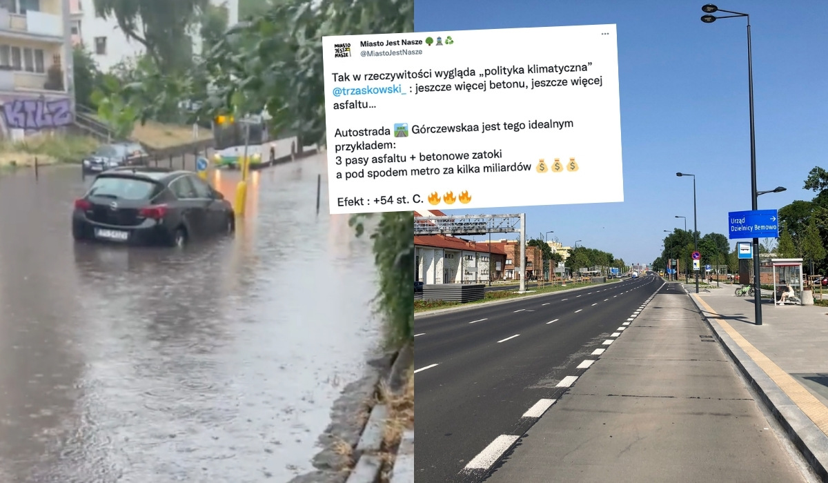 Szczecin zalany, w Warszawie betonoza produkuje nawet 54 stopnie C, w całym kraju burze