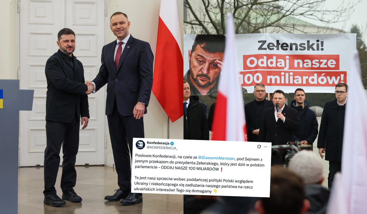 Zełenski spotkał się z Nawrockim, Konfederacja protestowała pod Sejmem
