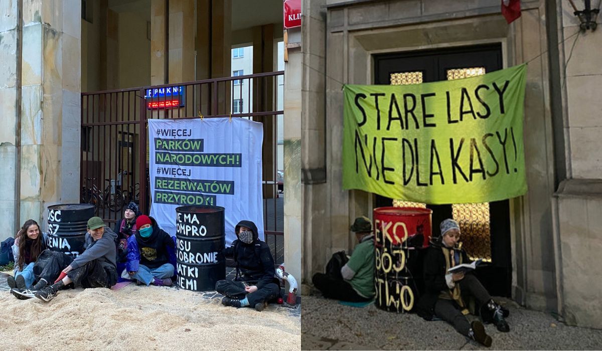 Aktywiści klimatyczni rozpoczęli blokadę Ministerstwa Klimatu w ramach protestu przeciwko wycinkom lasów