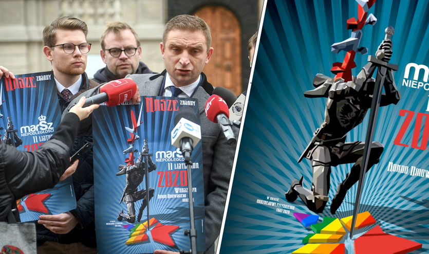 Organizatorzy Marszu Niepodległości pokazali plakat: husarz broniący cywilizacji przed homobolszewizmem