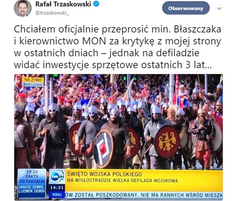 Trzaskowski do Błaszczaka: "Na defiladzie widać inwestycje sprzętowe ostatnich 3 lat"