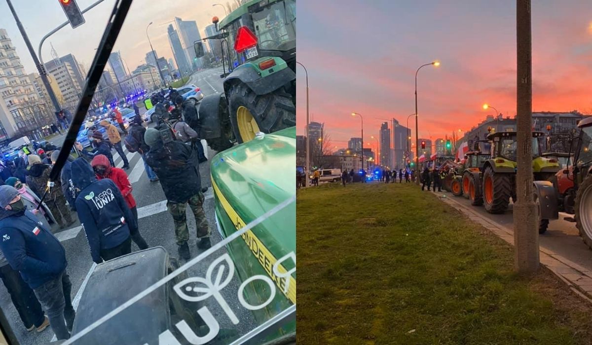 Agrounia z kolejnym protestem w Warszawie: traktory zablokowały skrzyżowanie, rozsypano kapustę