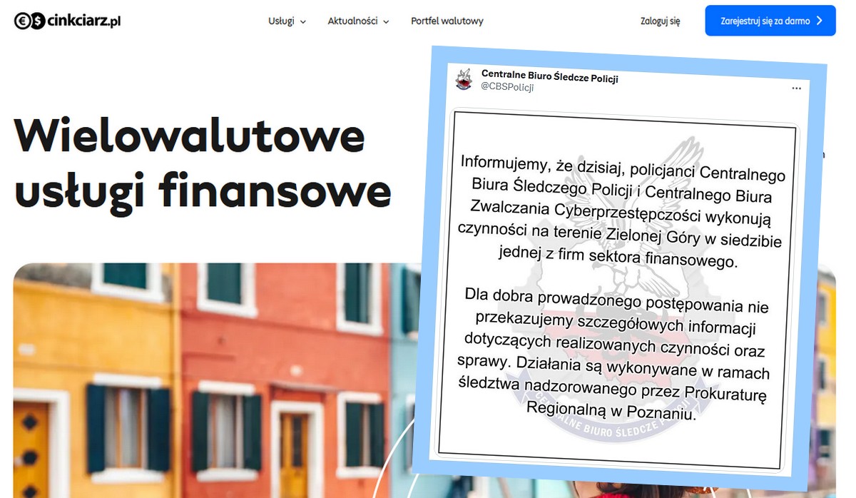 CBŚP wbiło do siedziby Cinkciarz.pl z powodu potencjalnych wałów na walutach