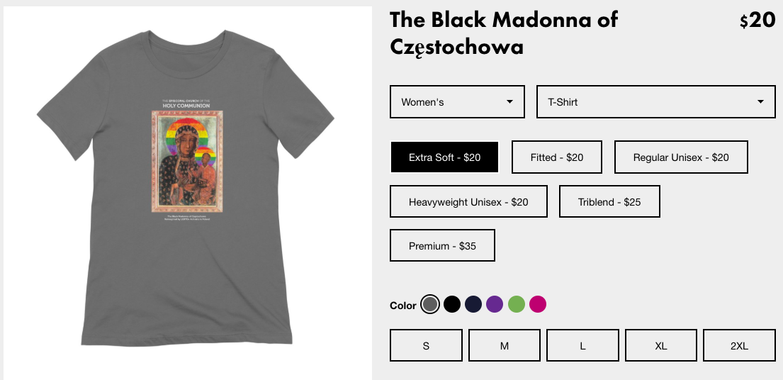 Koszulki z Tęczową Matką Boską Częstochowską do kupienia w sklepie Amerykańskiego Kościoła Episkopalnego