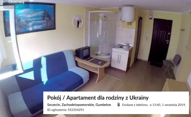24-metrowy "apartament dla rodziny z Ukrainy" z prysznicem w pokoju na OLX