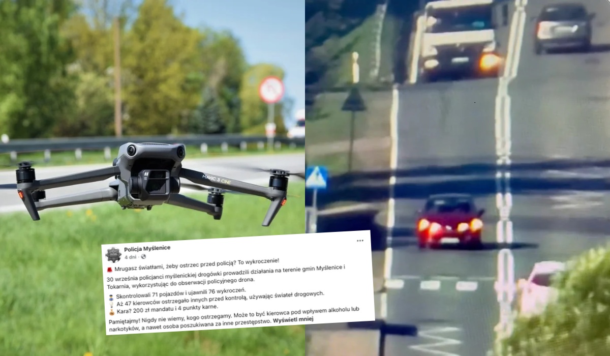 Policja dronem namierzała kierowców, którzy długimi ostrzegali przed drogówką, wlepiła 47 mandatów w jeden dzień