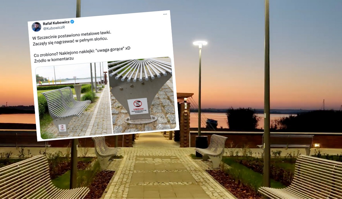 Szczecin: metalowe ławki okazały się nagrzewać od słońca, więc dostały nalepki z ostrzeżeniami, że mogą parzyć