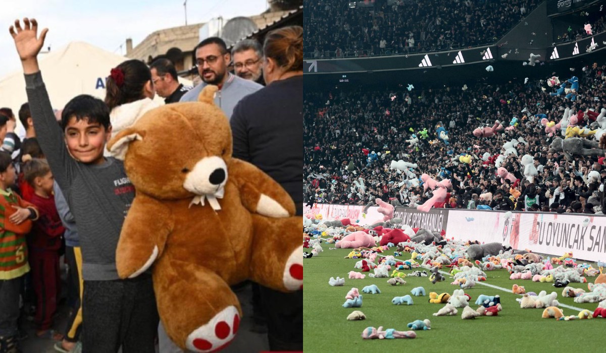 Turcja: kibice zarzucili murawę maskotkami dla dzieci dotkniętych kataklizmem, miśki dotarły już do adresatów