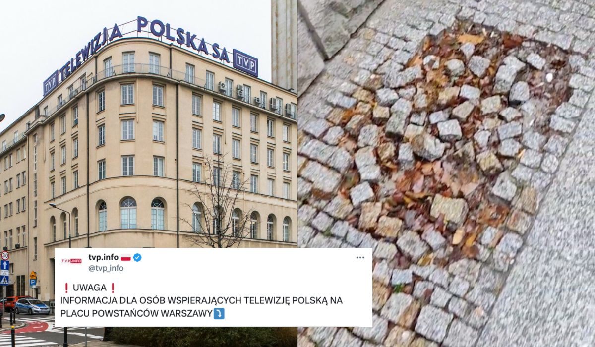 TVP ostrzega, że pod siedzibą leży luźno kostka brukowa i to pewnie prowokacja