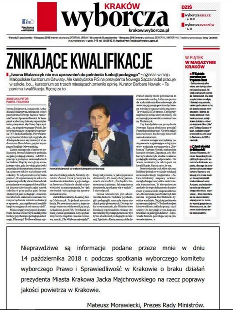 Przeprosiny Morawieckiego dla Majchrowskiego na pierwszej stronie krakowskiej "Wyborczej"