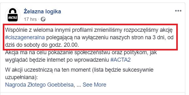 Prawicowe profile zawieszają działalność w akcie protestu przeciwko "ACTA 2"