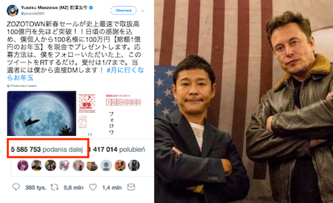 Japoński miliarder z załogi Elona Muska rozdaje 900 tys. dolarów za promocję tweeta