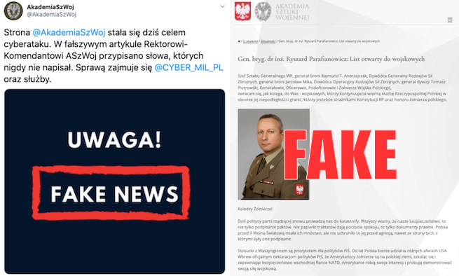 Fake: list polskiego generała na stronie Akademii Sztuki Wojennej okazał się być fałszywką