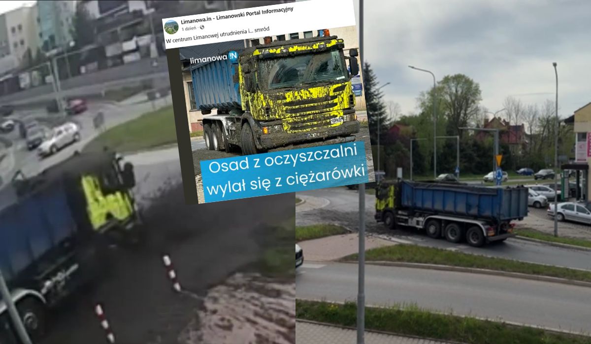 Limanowa: kałszkwał na rondzie, transport z oczyszczalni wylał się i tak sobie śmierdział