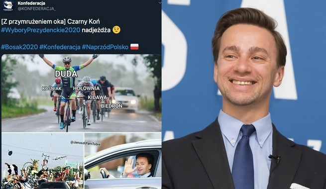 Konfederacja publikuje i kasuje mem z Bosakiem: "czarny koń wyborów nadjeżdża"