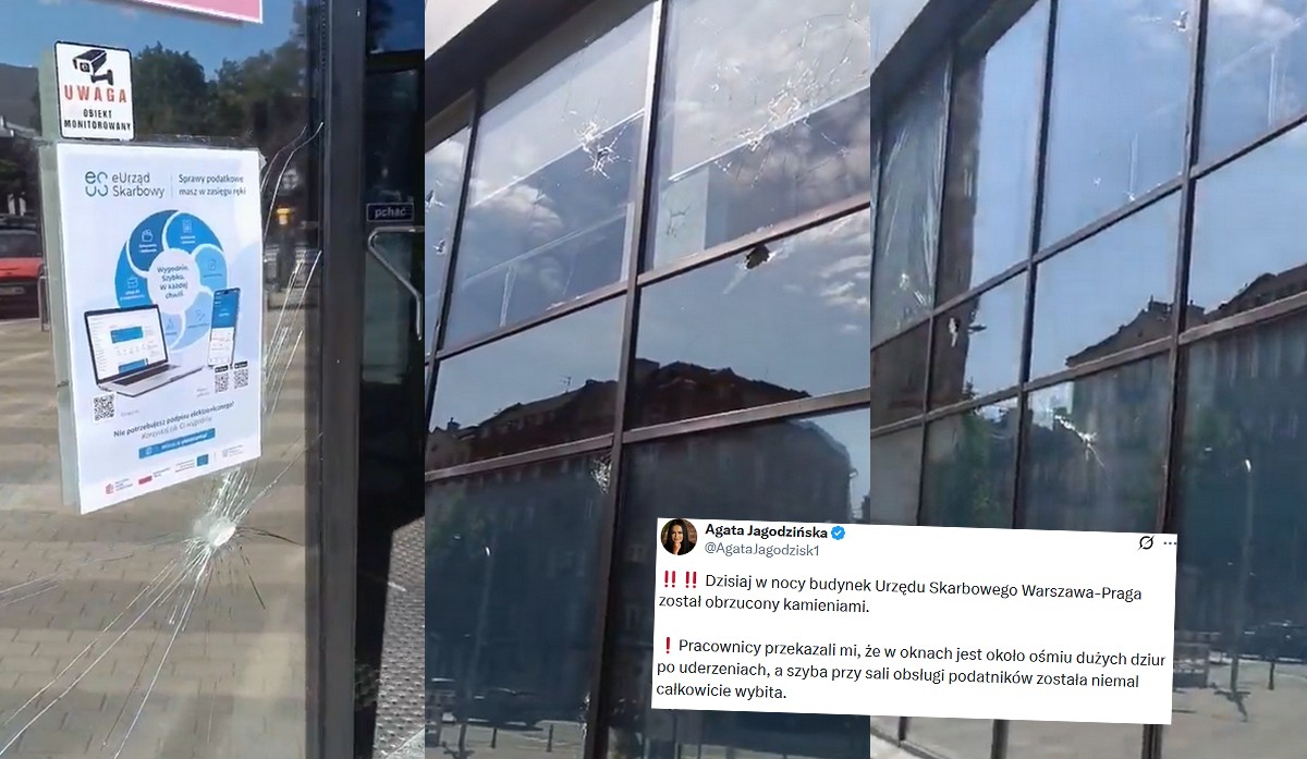 Warszawa: budynek skarbówki obrzucono kamieniami, urzędnicy obawiają się, że to efekt "pizzy z krewetkami"