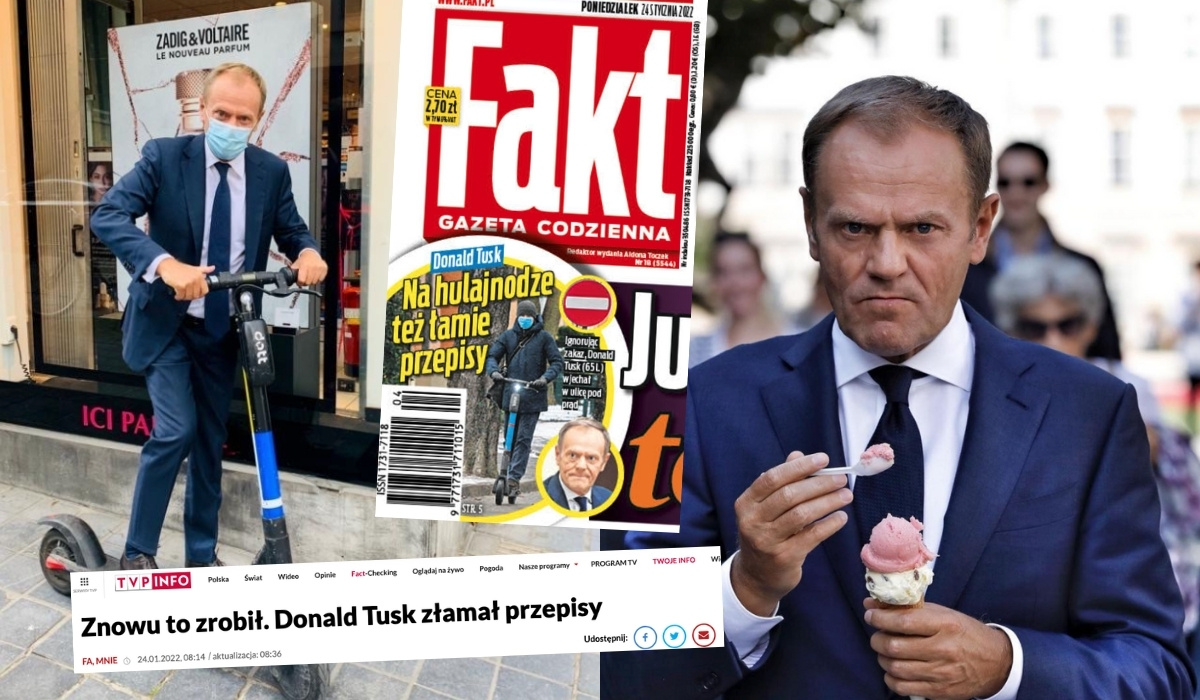 Fakt przyłapał Tuska łamiącego przepisy na hulajnodze, co ucieszyło TVP