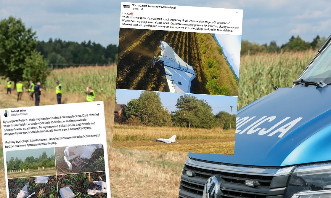 RMF: jeden z wrogich dronów doleciał aż do województwa łódzkiego, rozbił się w Mniszkowie koło Opoczna