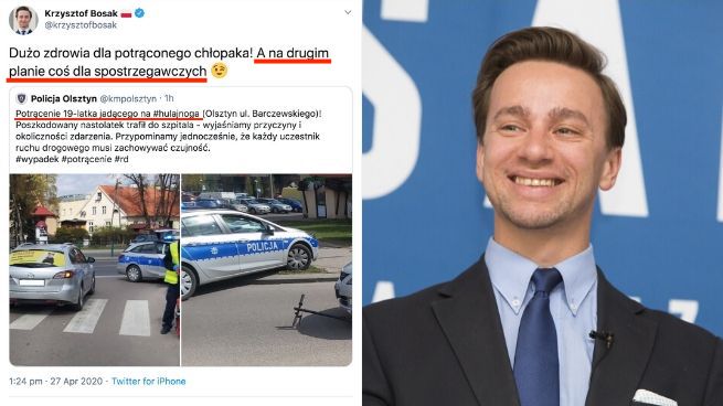 Bosak chwali się swoim plakatem na zdjęciu potrąconego przez samochód