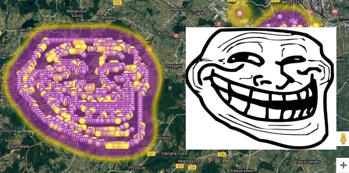 Gdańsk: ktoś strollował mapę oznaczeń smrodu z lokalnego wysypiska tak, żeby powstał "trollface"