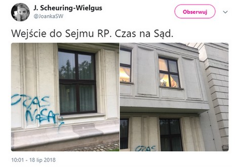Scheuring-Wielgus pokazuje napis na Sejmie: "Czas na sąd"