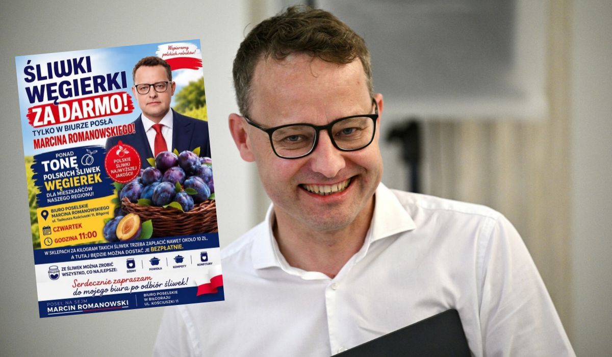 Romanowski wciąż ukrywa się nie wiadomo gdzie, ale rozda tonę śliwek w Biłgoraju